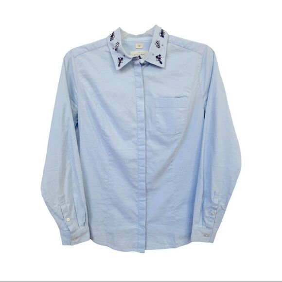 LOFT Blue Jeweled Collar The Softened Button down Shirt Size XS Petite - Picture 1 of 10
